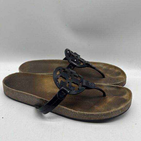 Tory Burch Sandals Womens 11M Miller Cloud Black Patent Leather Flat‎ Flip Flop - Picture 1 of 9
